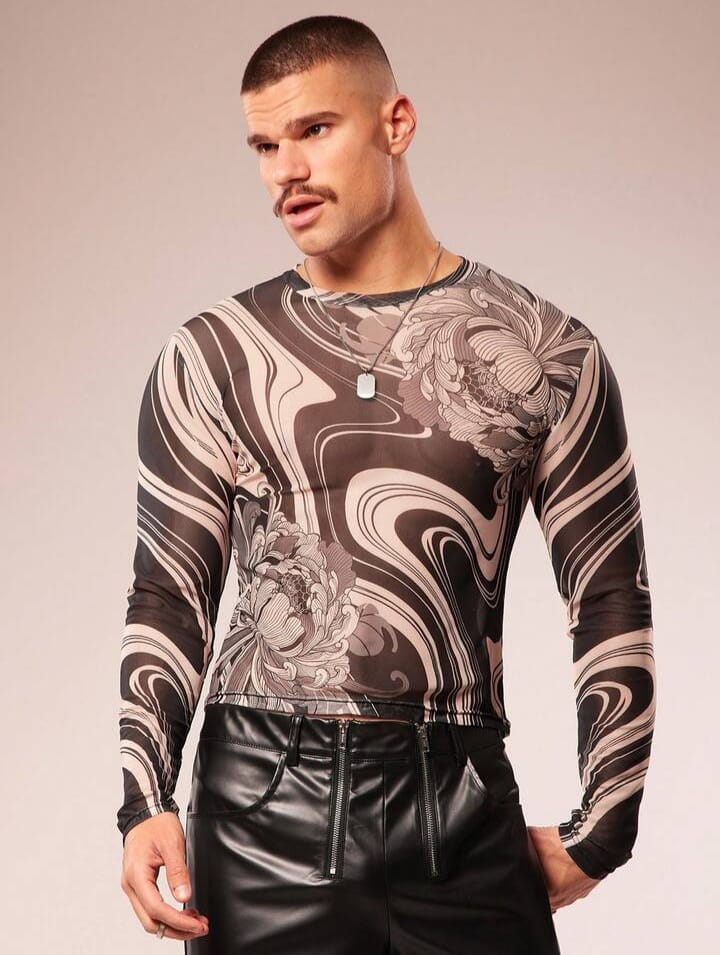 Men's Printed Floral Print Sheer Croppes Long Sleeve Tees
